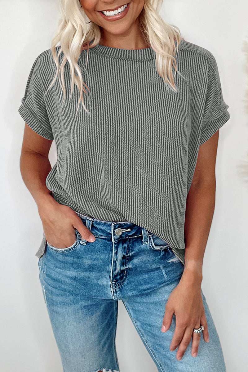 Crinkle Rib Knit Exposed Seam Round Neck Top