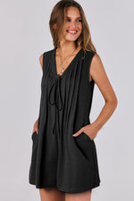 Black Tie V Neck Pleated Sleeveless Loose Romper