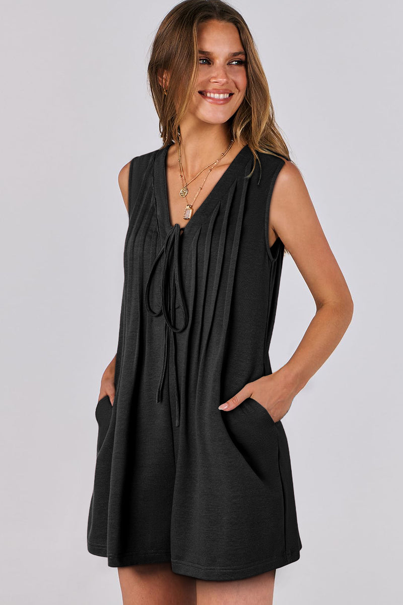 Black Tie V Neck Pleated Sleeveless Loose Romper