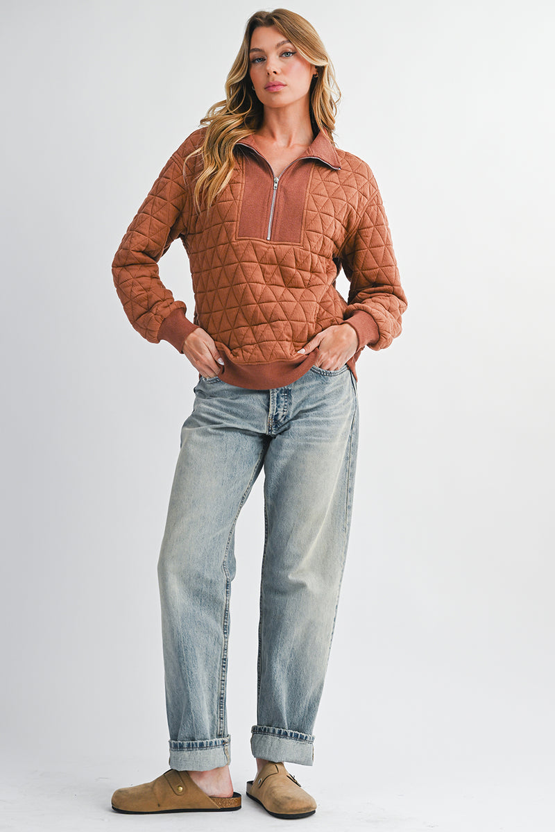 Rust Quilted Half Zip Pullover Sweatshirt