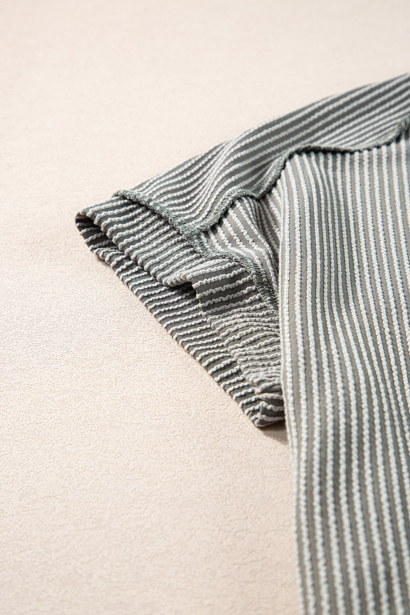 Crinkle Rib Knit Exposed Seam Round Neck Top