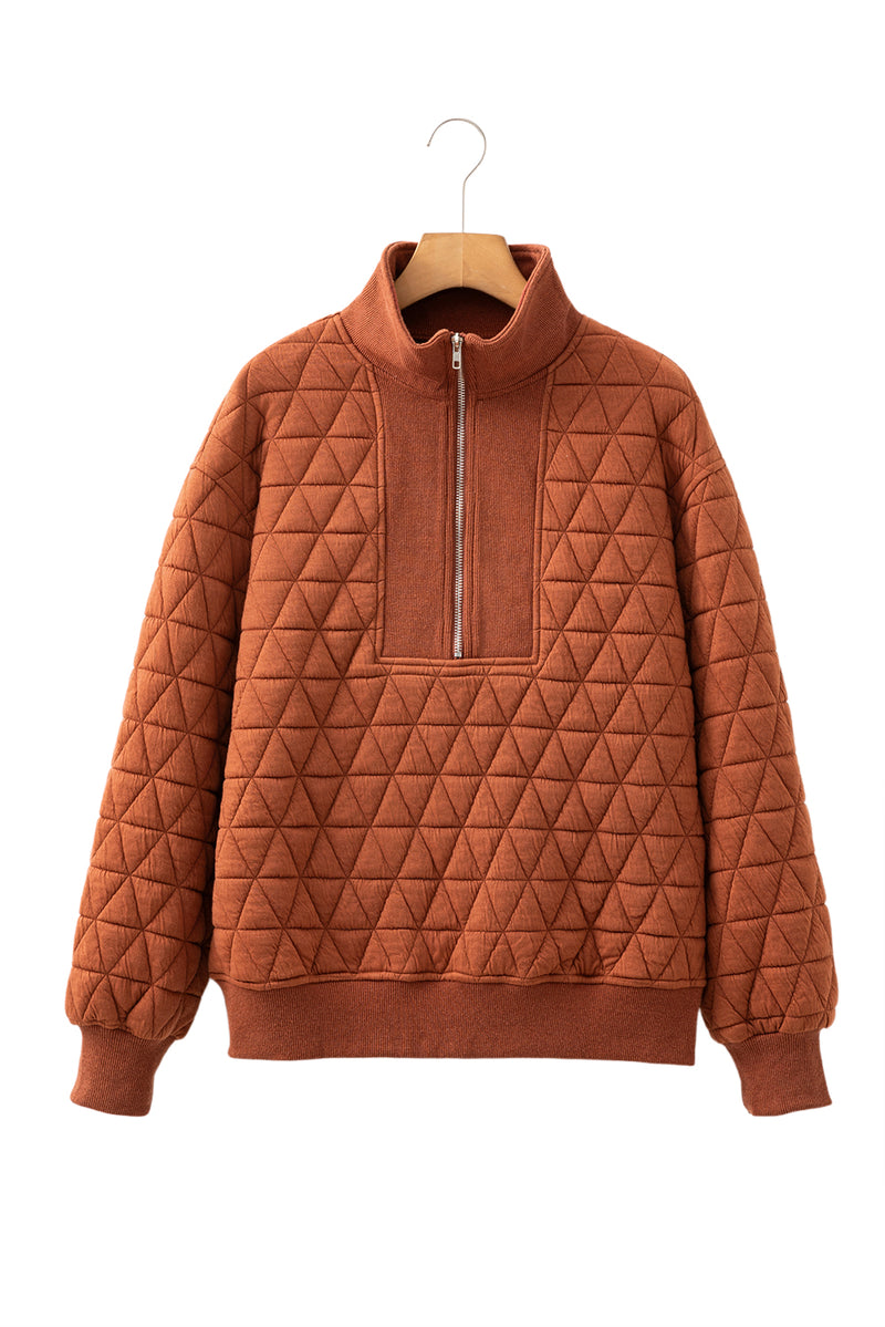 Rust Quilted Half Zip Pullover Sweatshirt