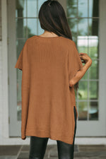 Gray Side Slit Short Dolman Sleeve Knitted Oversized Top