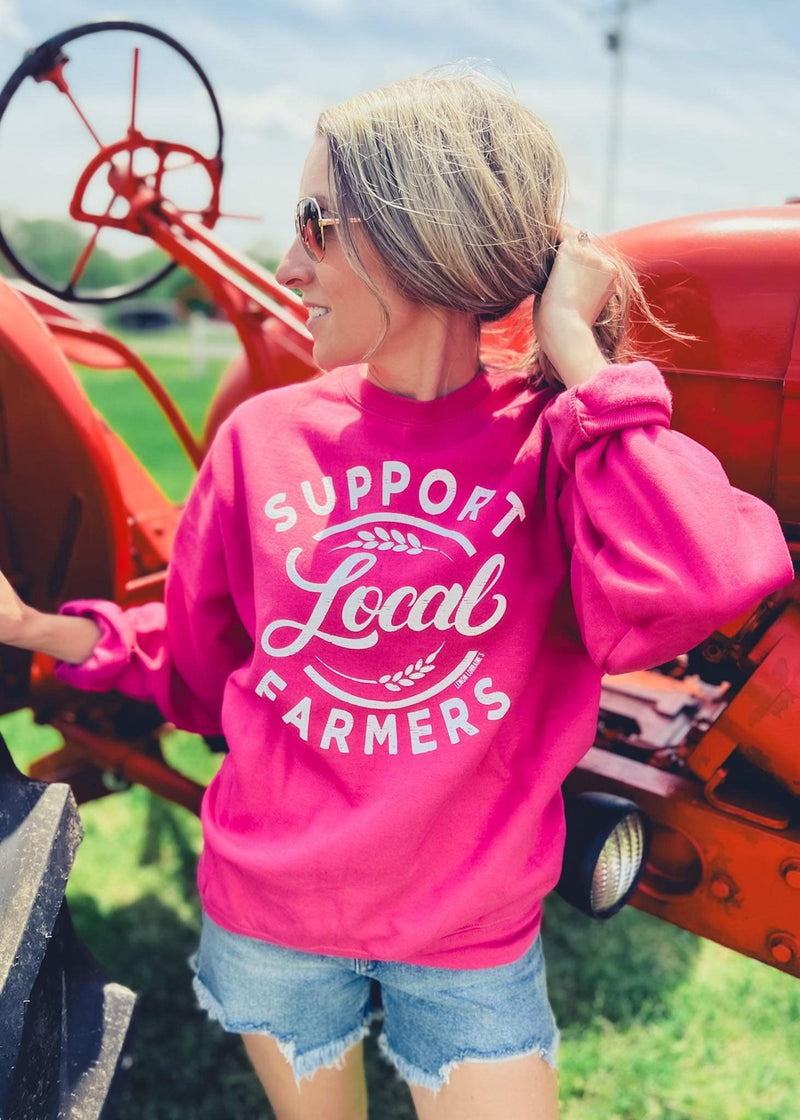 Support Local Farmers in Bright Pink Crewneck Sweatshirt