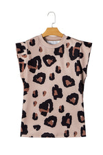 Khaki Leopard Round Neck Cap Sleeve Casual Tee
