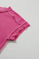 Crinkle Rib Knit Exposed Seam Round Neck Top