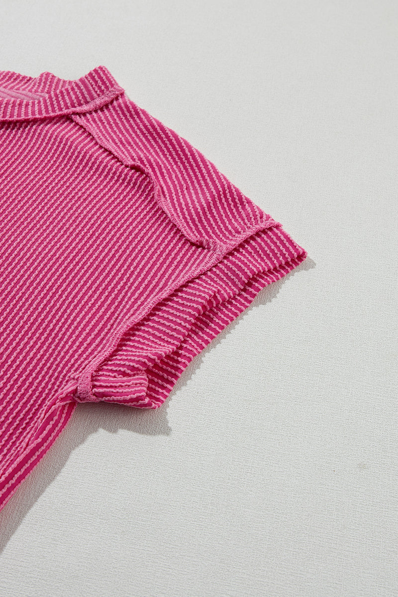 Crinkle Rib Knit Exposed Seam Round Neck Top