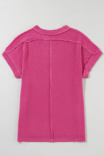 Crinkle Rib Knit Exposed Seam Round Neck Top