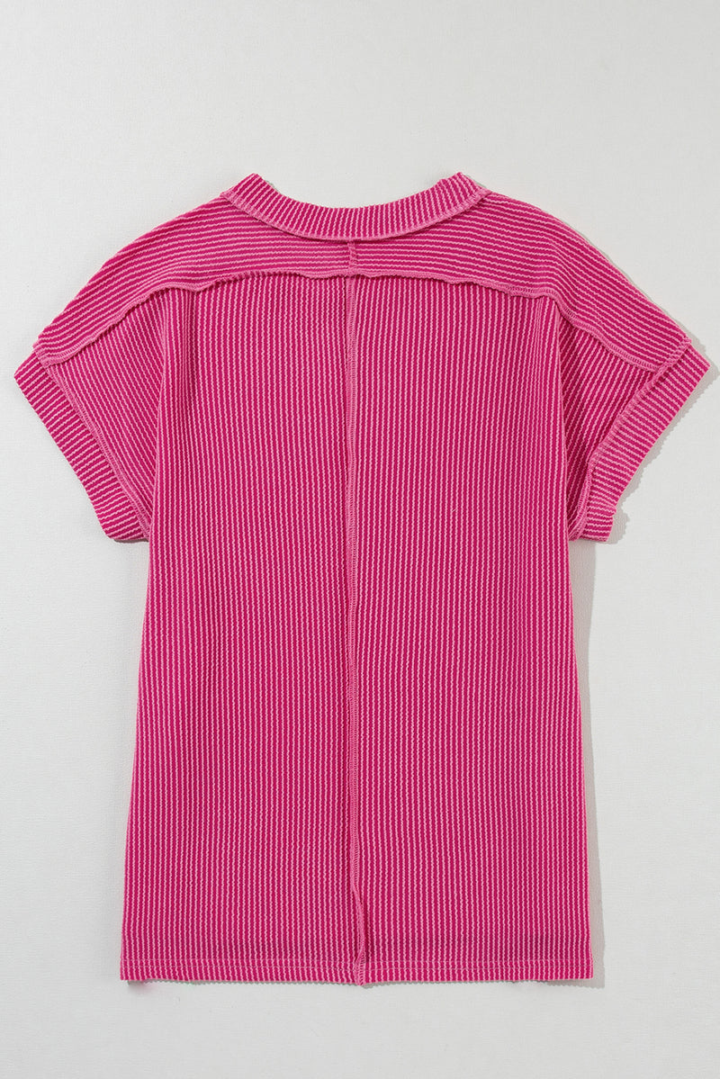Crinkle Rib Knit Exposed Seam Round Neck Top