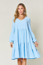 Double Trouble V-Neck Balloon Sleeve Tiered Dress