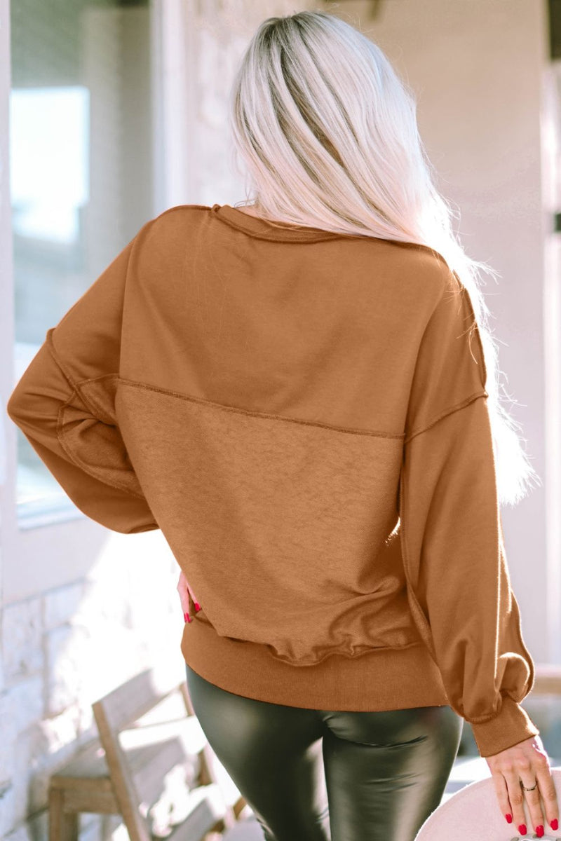 Exposed Seam Half Button Oversized Pullover