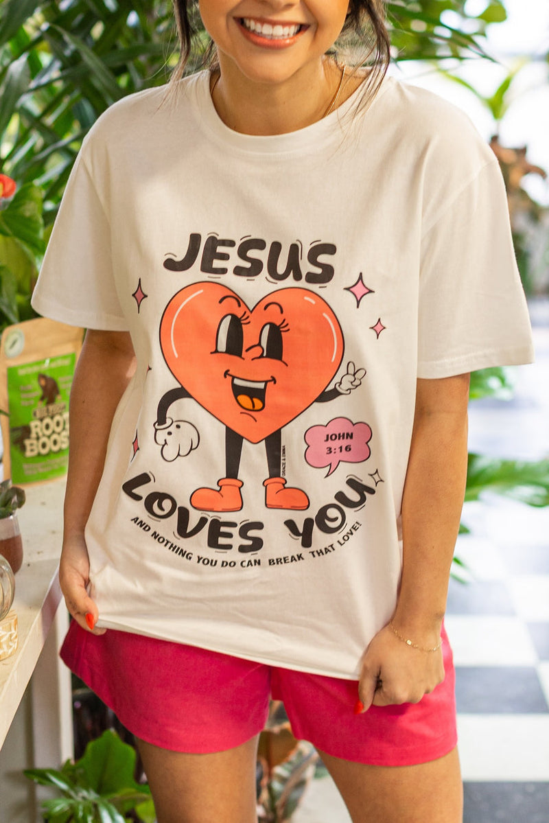 Jesus Loves You on White Tee Shirt