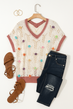 Delicacy Flowers Colorblock Edge Hollow Crochet Knit Top