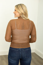 Mock Neck Mesh Top with Pearl Detail