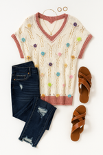 Delicacy Flowers Colorblock Edge Hollow Crochet Knit Top