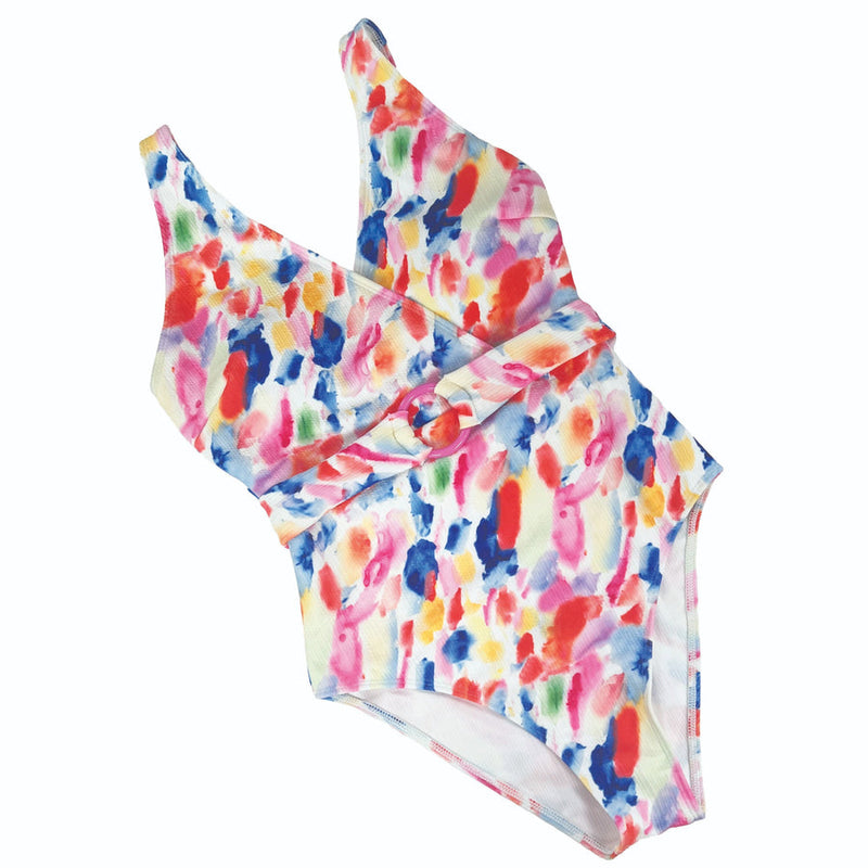 Abstract Multicolor One Piece Swimwear With Belt