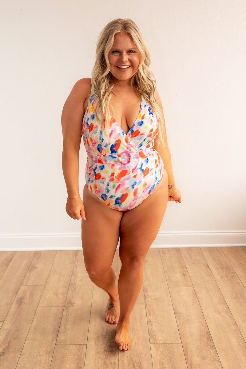 Abstract Multicolor One Piece Swimwear With Belt
